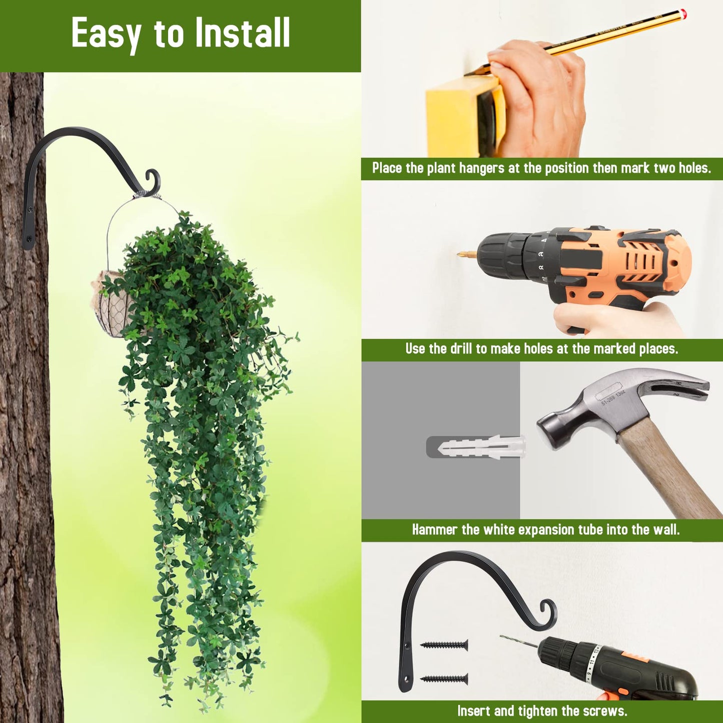 FEED GARDEN 2 Pack 8 Inch Hanging Plant Bracket Wall Hooks Decorative Plant Hangers for Outdoor Hanging Bird Feeders, Wind Chimes, Plant Baskets, Black