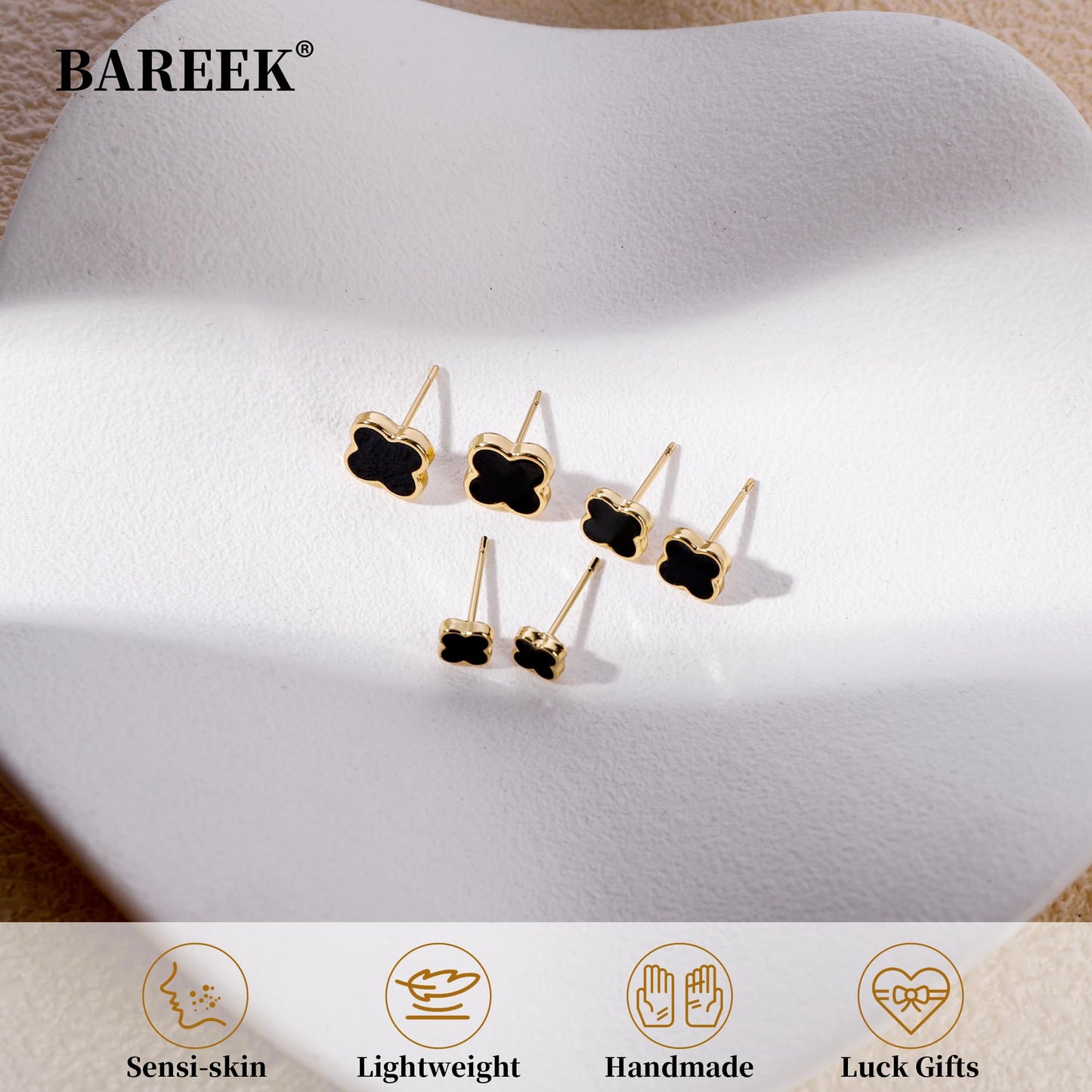 Clover Earring 3 Pair Small Clover Stud Earrings for Women Four Leaf Hypoallergenic Earrings Sensitive Ears for Birthday Christmas Anniversary Lucky Gifts (Gold Clover Stud Earrings/Black)