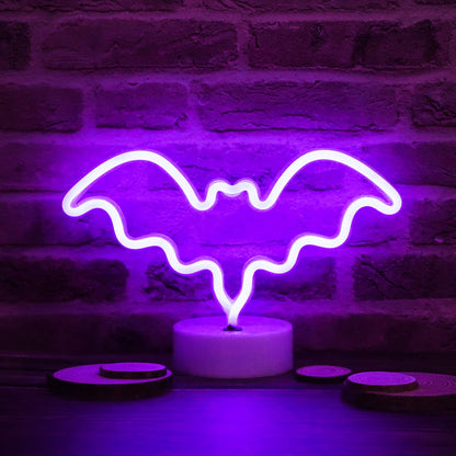 LED Neon Bat Lights Purple, Bat Shape Neon Signs Night Lights Battery Operated Desk Table Lamp for Bedroom, Bar, Wall, Halloween Decor-Bat with Holder Base(Purple)