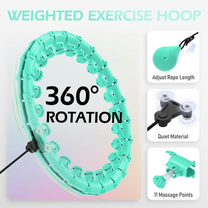 JLoibao Weighted Hula Circle for Adults Weight Loss, Infinity Fitness Hoop Plus Size 51 Inch with Sweat Belt, Include 27 Detachable Links and Waist Trainer for Women(Cyan)