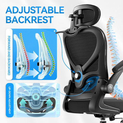 Freepub Ergonomic Office Chair with Headrest 3D, Mesh Office Desk Chair with Adjustable Lumbar Support, Computer Chair with Flip up Armrests, 350LBS Capacity - Design for Home/Offices - Black