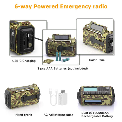 12000mAh/44400mWh Weather Radio, Hand Crank Emergency Radio Portable AM FM Shortwave, Solar Rechargeable Battery Powered Radio with NOAA Alert, USB-C Charger & Adapter, SOS Flashlight for Emergency