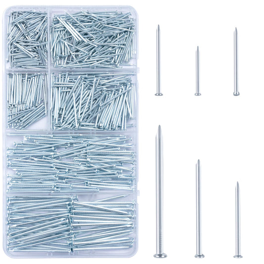 KURUI 700pcs Hardware Nails for Hanging Pictures, Up to 2"-Long Finish Nails Assortment Kit for Wall Art Decor, 640 Frame Nails and 60 Small Finishing Nails for Drywall Wood - Silver Picture Hangers