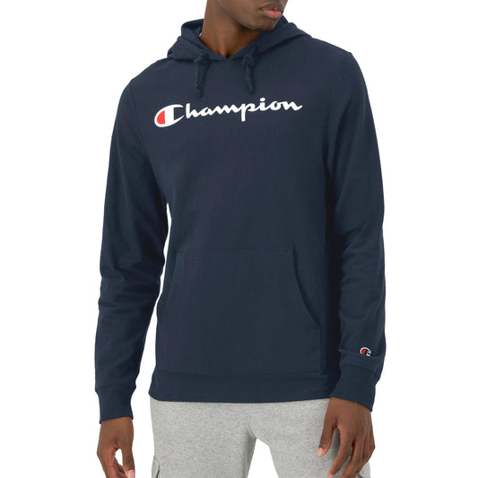 Champion Men's Pullover T-Shirt Hoodie, Standard Fit, Midweight, Navy-Classic Script Logo, Medium