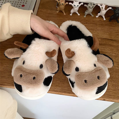 Jerzmy Fuzzy Cow Slippers for Women Men, Cute Cotton Animals House Slippers Fluffy Plush Shoes for Girls Indoor Living Room Bedroom Garden, Size 10-11