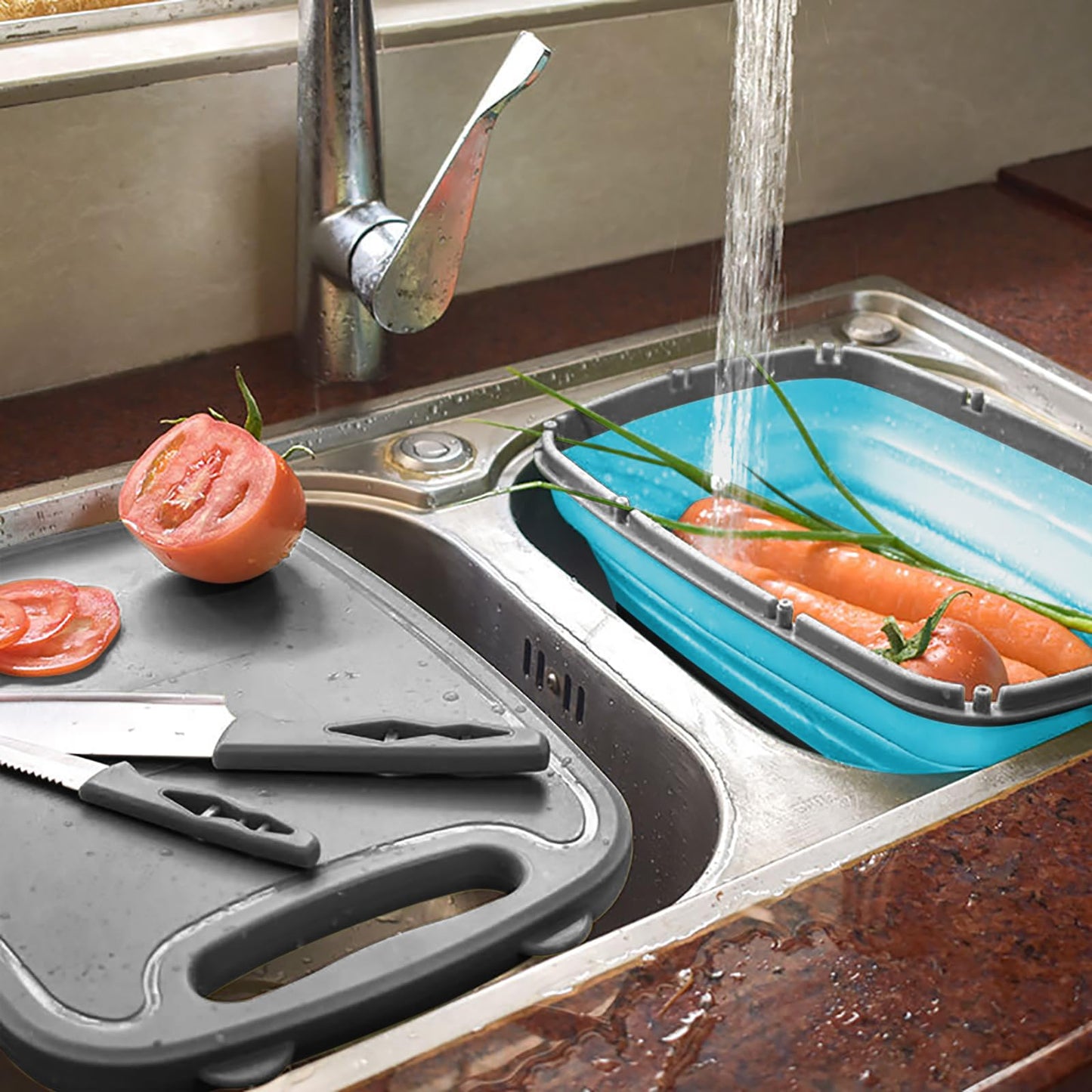 Gintan Camping Cutting Board, 9-in-1 Collapsible Chopping Board with Colander, Kitchen Vegetable Washing Basket for Camping, Camping Gifts Camping Accessories for RV Campers (Blue+Grey)