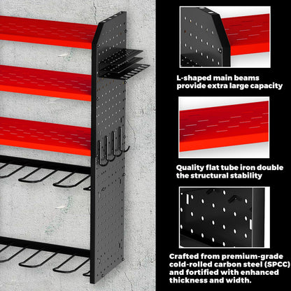 KAFAHOM Power Tool Organizer, Large 8 Drill Holder Wall Mount with 2 Side Pegboards,5 Layer Heavy Duty Metal Tool Storage Rack, Tool Shelf for Garage Organization, Utility Battery Shelves - Red