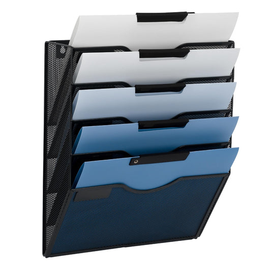 EASEPRES 5 Pocket Mesh Hanging Wall File Organizer, Wall Mounted Mail Paper Document Folder Holder, Clipboard Storage Organization Magazine Rack with Nametag Label for Office Home School, Black