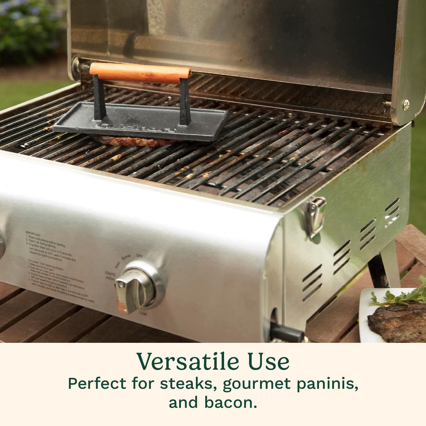 Cuisinart Cast Iron Grill Press with Wooden Handle, Heavy Duty Nonstick Rectangle Burger Press with Wood Handle, Perfect Grill Accessory for Steak, Bacon, Paninis and More