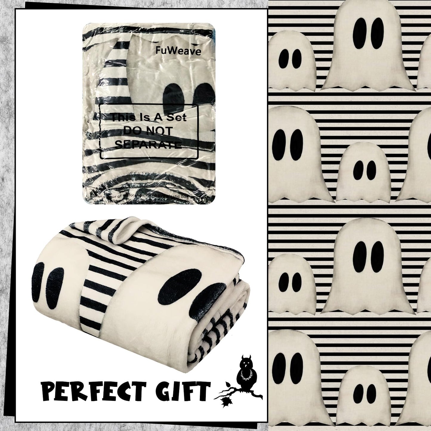 FuWeave Halloween Throw Blanket Cute Rustic Ghost Flannel Blanket Farmhouse Spooky Blanket Soft Black White Striped Blanket Retro Halloween Decoration for Sofa Bed Holiday Party Gifts,50 x60