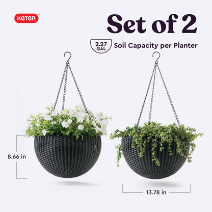 Keter Resin Rattan Set of 2 Round Hanging Planter Baskets for Indoor and Outdoor Plants-Perfect for Porches and Patio Decor, Graphite