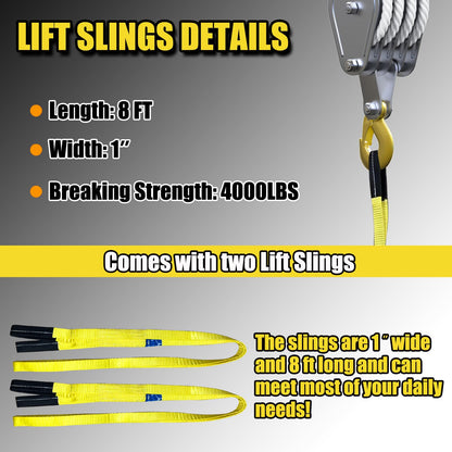 FITHOIST Block and Tackle 4400LBS Breaking Strength Heavy Duty Pulley, 65 Ft Rope Pulley, 7:1 Lifting Power Pulley System, Pulley Hoist with 2 Pcs 8 Ft Lift Sling
