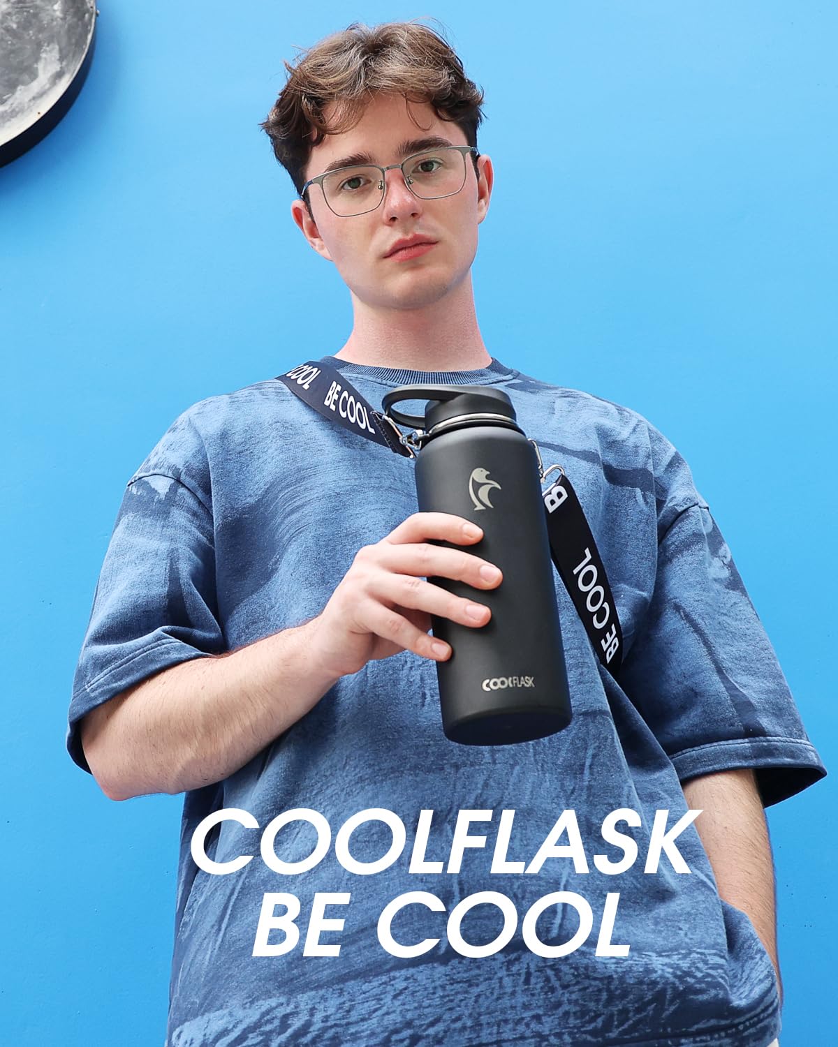 Coolflask 40 oz Water Bottle with Strap, Insulated Metal Water Flask with Straw & Spout Lids, Stainless Steel Double Wall Vacuum, Keep Cold 48h Hot 24h, Leak Proof & Non-BPA, Magic Black