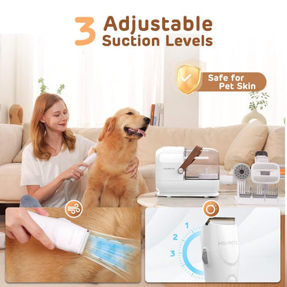 Dog Grooming Vacuum Kit - 3L Vacuum with 7 Tools, Low Noise Electric Clipper and Brush for Pet Shedding at Home, White