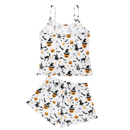Halloween Pajamas for Women Pumpkin Print Cami Top and Shorts Goth Pj Set Two Piece Sexy Pajama Set Black Sleep Set White Sleepwear Halloween Witch Pumpkin L