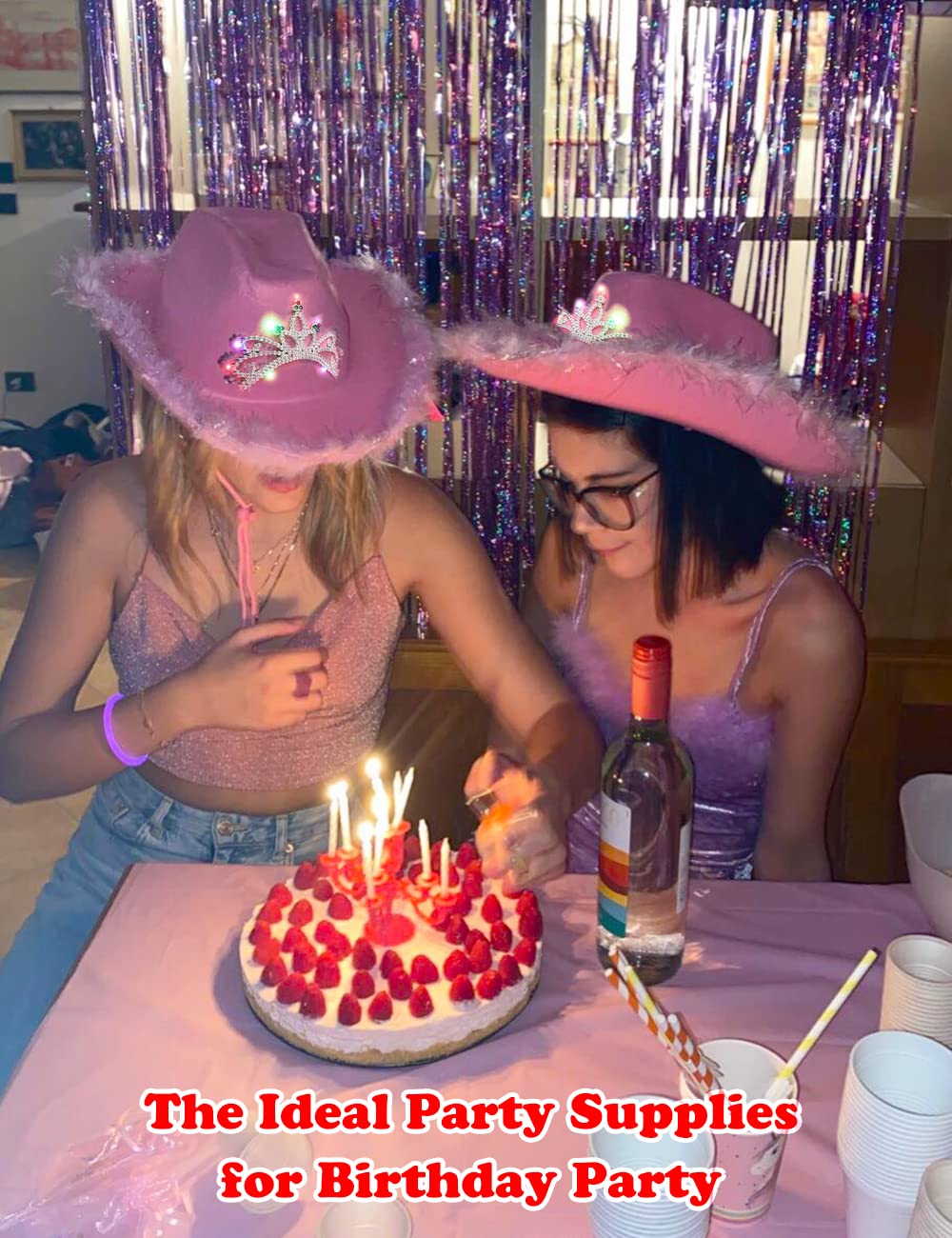 JICASTO Cowboy Hat Pink Cowgirl Hat with Color LED Light Tiara Crown for Girls Rodeo Party Hats with Heart Glasses