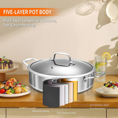 DELARLO Frying Pan,12 inch Skillet with lid,Tri-Ply Stainless Steel Saute Pan 6QT,Dishwasher-Friendly,Stay-Cool Handles,Oven-Safe Up to 660℉