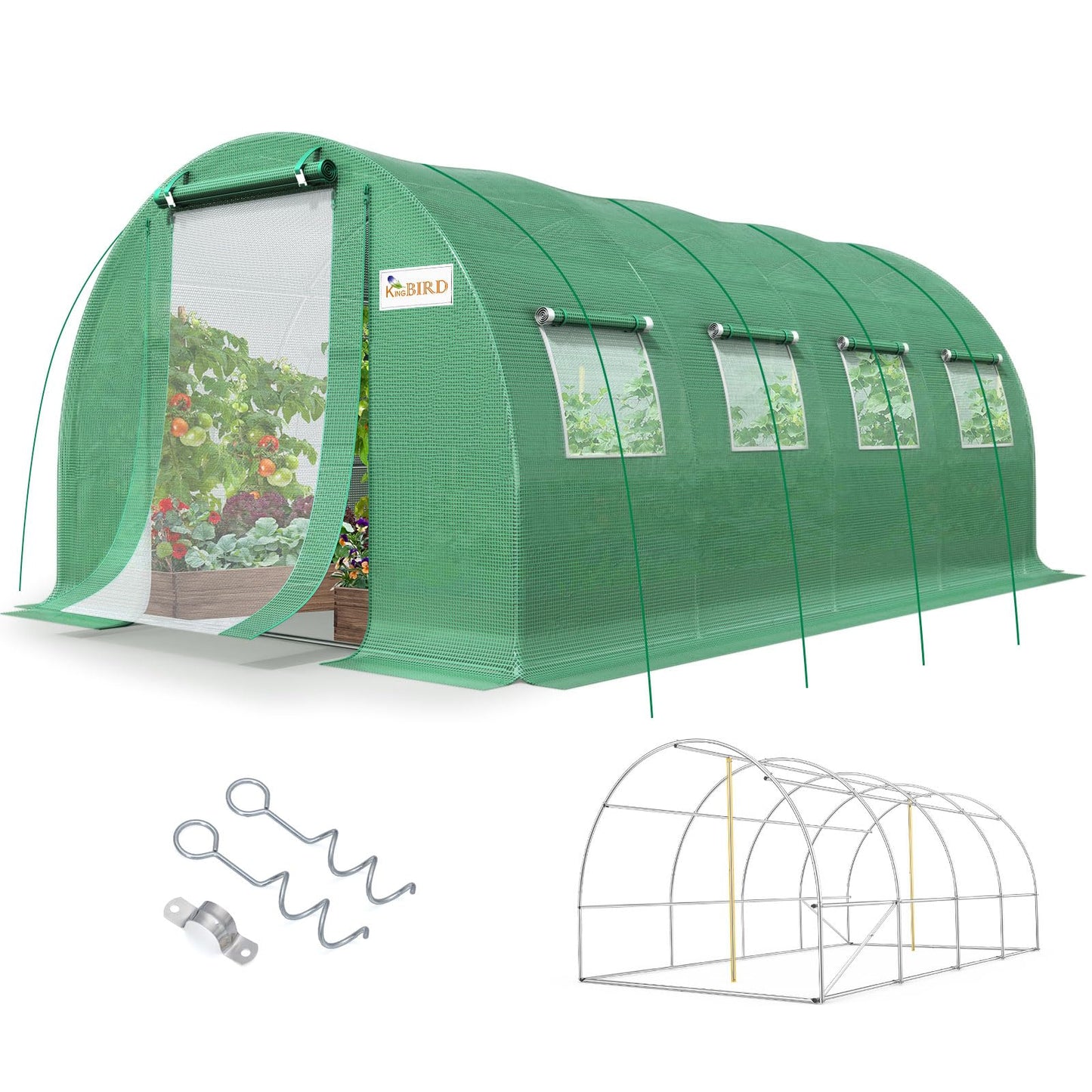 KING BIRD Premium 20x10x6.6FT Greenhouse for Outdoors, Large Walk-in Heavy Duty Galvanized Steel Frame, Mesh Door Screen Window Upgraded Zipper Tunnel Hoop for Garden Plant Winter, Green