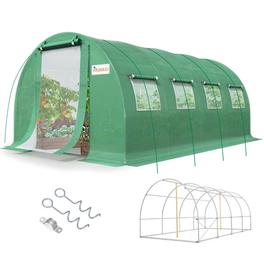 KING BIRD Premium 20x10x6.6FT Greenhouse for Outdoors, Large Walk-in Heavy Duty Galvanized Steel Frame, Mesh Door Screen Window Upgraded Zipper Tunnel Hoop for Garden Plant Winter, Green