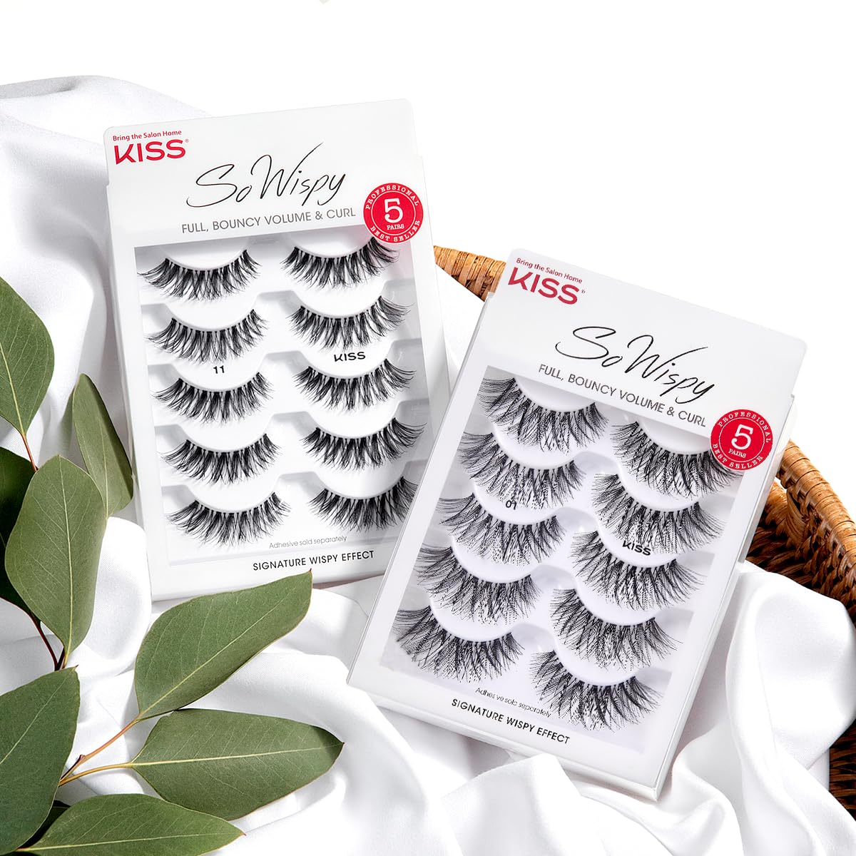 KISS So Wispy, False Eyelashes, 'Style #11', 12 mm, Includes 5 Pairs Of Lashes, Contact Lens Friendly, Easy to Apply, Reusable Strip Lashes, Glue On, Mulitpack