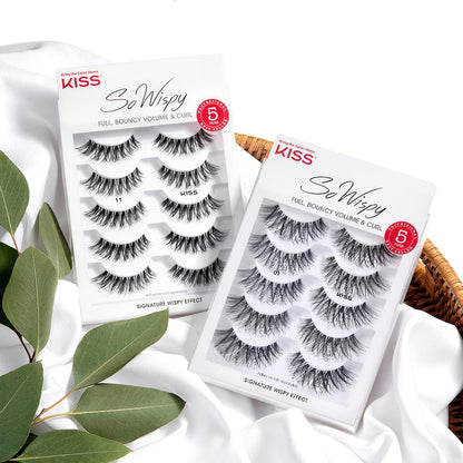 KISS So Wispy, False Eyelashes, 'Style #11', 12 mm, Includes 5 Pairs Of Lashes, Contact Lens Friendly, Easy to Apply, Reusable Strip Lashes, Glue On, Mulitpack