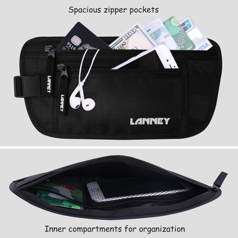 Travel Money Belt RFID Blocking Waist Wallet Waterproof Hidden Stash for Men Women, Under Clothes Passport Holder with 10 Credit Card Sleeves, Black