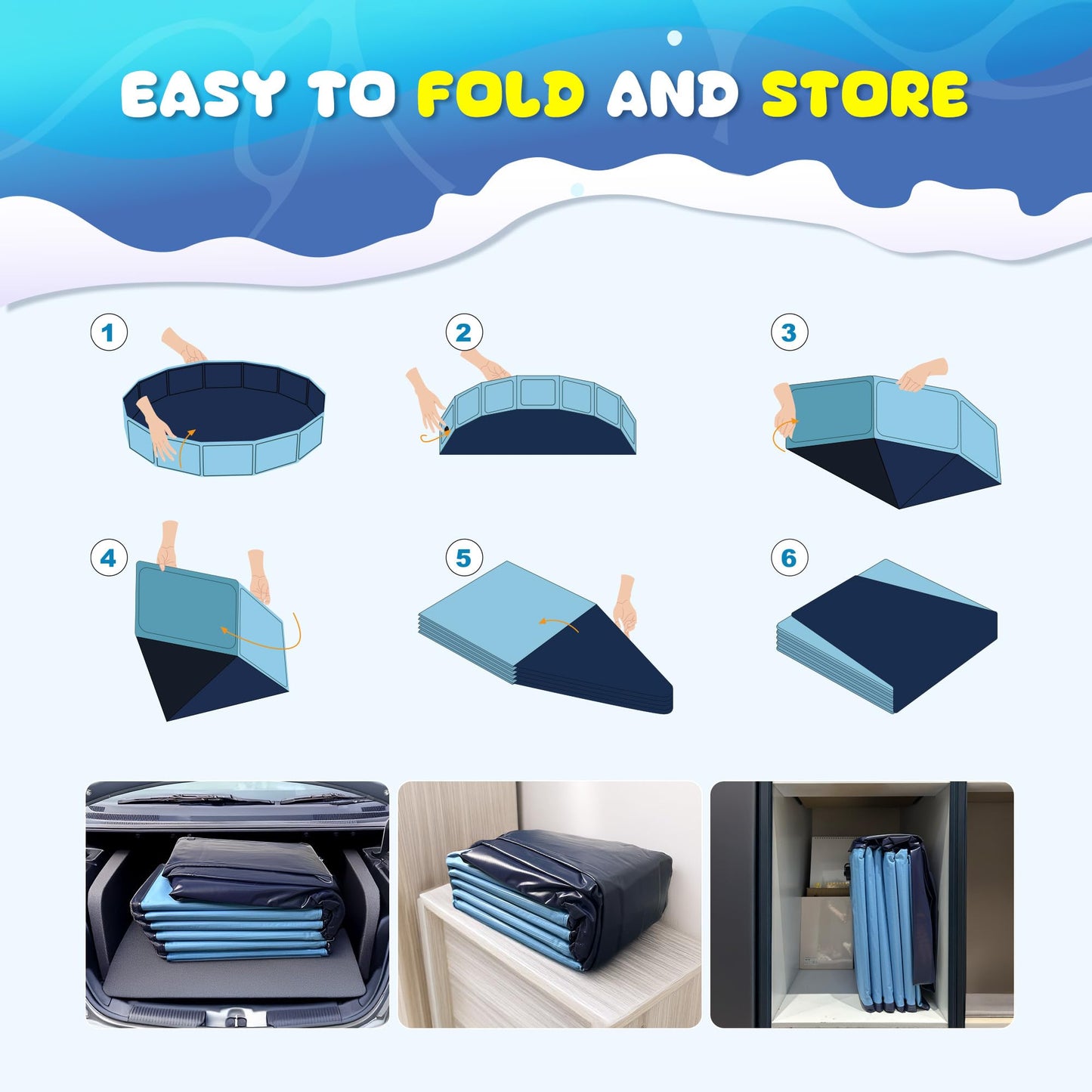 COMMOUDS Foldable Dog Pool, Collapsible Hard Plastic Dog Kiddie Swimming Pool, Portable Pet Bath Tub Wading Pools for Kids and Puppy Small Medium Large Dogs(40inch.D x 8inch.H)