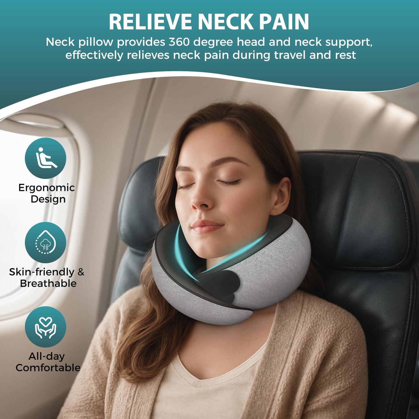 FIOGIKO Travel Neck Pillows for Airplanes, 360° Ergonomic Memory Foam Travel Pillow - Relief Neck Pain with Breathable Support for Long Flights, Car, Train & Office Use - Adults & Kids