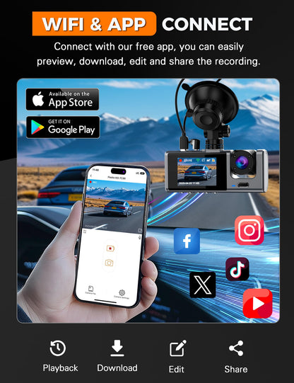 Galphi 3 Channel WiFi Dash Cam Front and Rear Inside with 64GB SD Card, 2.5K+1080P+1080P Car Dash Camera for Cars Front and Rear, Dashcam with G-Sensor, Loop Recording, 24H Parking Mode, Support 512GB