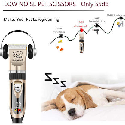 JiangWaveT Dogs Hair Trimmer, Dogs Shaver Clippers Grooming Kit - Low Noise Cordless Rechargeable Dog & Cat Horses Clippers, Heavy Duty, Quie