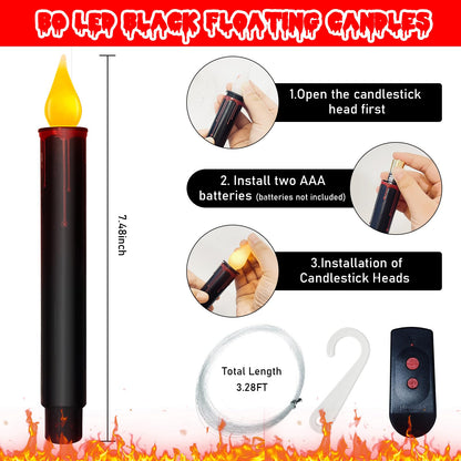 Floating Candles With Remote - 10 PCs Magic Hanging Flameless Taper Lights, Flickering Warm Battery Operated LED Window Decor for Home, Church, Horror Party, Halloween - Black