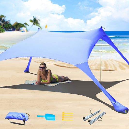 CUUPO 77 FT Beach Tent Sun Shelter UPF50+ UV Protection, Outdoor Canopy Tent Sun Shade with 2 Poles for Camping, Fishing, Backyard and Picnics with Sandproof Beach Blanket Royal Blue