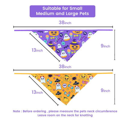 Halloween Dog Bandanas 2 Pack Multiple Adorable Halloween-Themed Patterns, Durable Fabric Halloween Pet Scarf, Suitable for Small, Medium, and Large Breed Dog' Halloween Party Dog Bandana