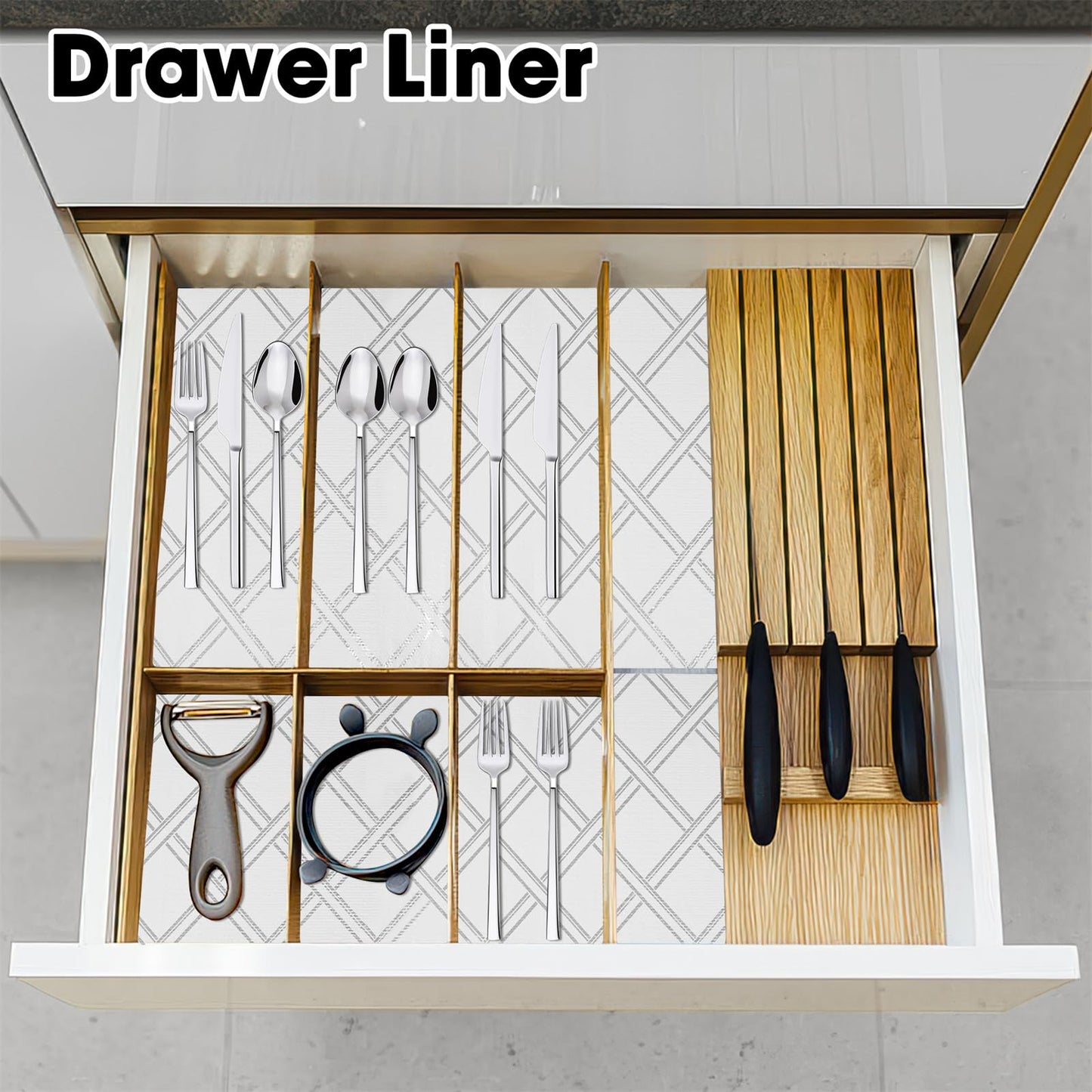 Drawer and Shelf Liner for Kitchen Cabinets Non-Adhesive Cabinet Liners for Shelves Strong Grip Non Slip Waterproof Cupboard Liner for Dresser Refrigerator, Bathroom,Silver Geometric,17.5IN X 10FT