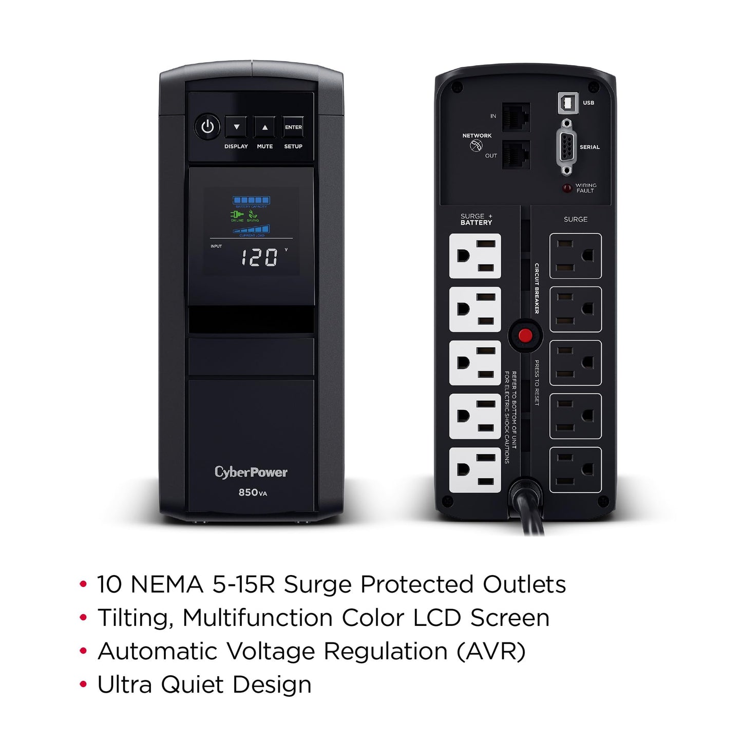CyberPower CP850PFCLCD PFC Sinewave UPS Battery Backup and Surge Protector, 850VA/510W, 10 Outlets, AVR, Mini-Tower; UL Certified
