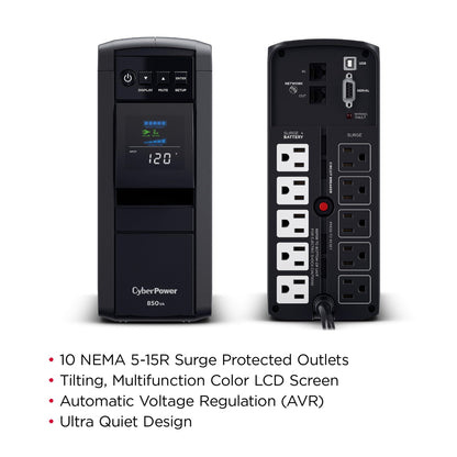 CyberPower CP850PFCLCD PFC Sinewave UPS Battery Backup and Surge Protector, 850VA/510W, 10 Outlets, AVR, Mini-Tower; UL Certified