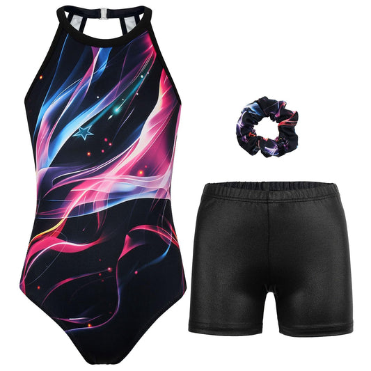 JOYSTREAM Gymnastics Leotards for Girls With Shorts Sparkly Ballet Dance Clasp Back Activewear Multicolor Line,6-7Years