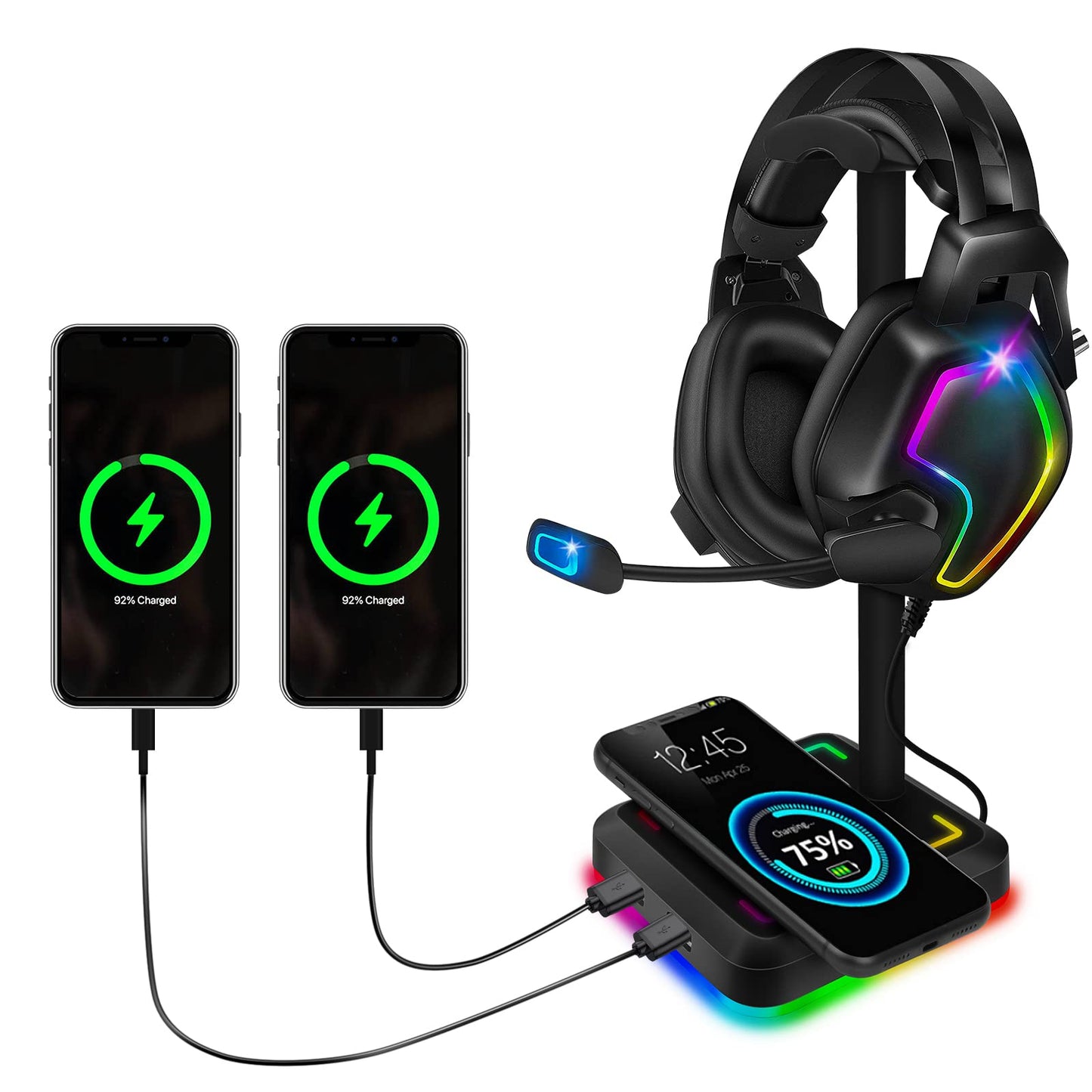 Headphone Stand with Wireless Charger Gaming Headset Holder with 10W/7.5W QI Charging Pad & 2 USB Charger Ports for Desktop PC Game Accessories