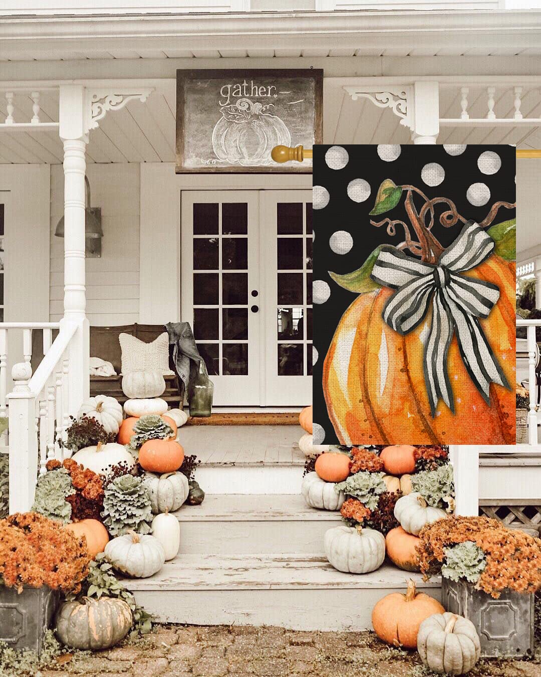 Fall Pumpkin House Flag for Outdoor 28x40 Double Sided,Seasonal Pumpkin with Bowknot White Dots Yard Flags for Outside,Holiday Decorative House Flag for Thanksgiving Farmhouse Autumn Décor
