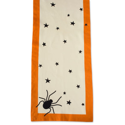 DII Halloween Tabletop Collection Bold Black Stars/Spooky Spider with Orange Border on Off-White Natural Background, Machine Washable, 14x72 Table Runner
