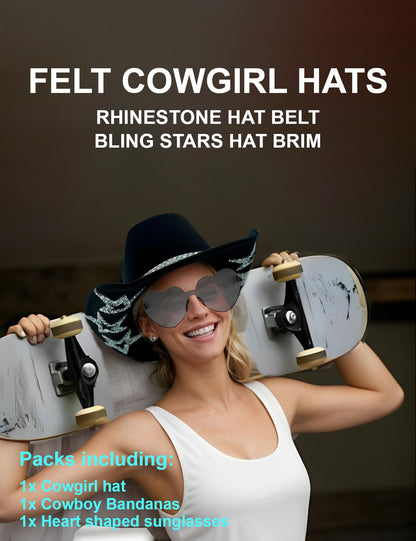 JICASTO Cowboy Hat for Women Men 6 Sparkly Stars Brim & Rhinestone Belt Western Cowgirl Hat with Sunglasses Bandanas (US, Alpha, One Size, Hot Pink)