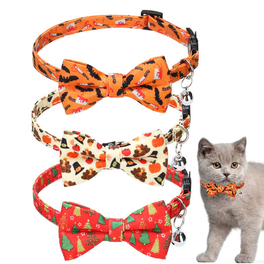 EXPAWLORER Halloween Cat Collar Breakaway with Bells - Adjustable Pet Collars with Detachable Bow Tie, 3 in 1 Holiday Cat Collars Also for Coming Thanksgiving Christmas Decoration Gifts