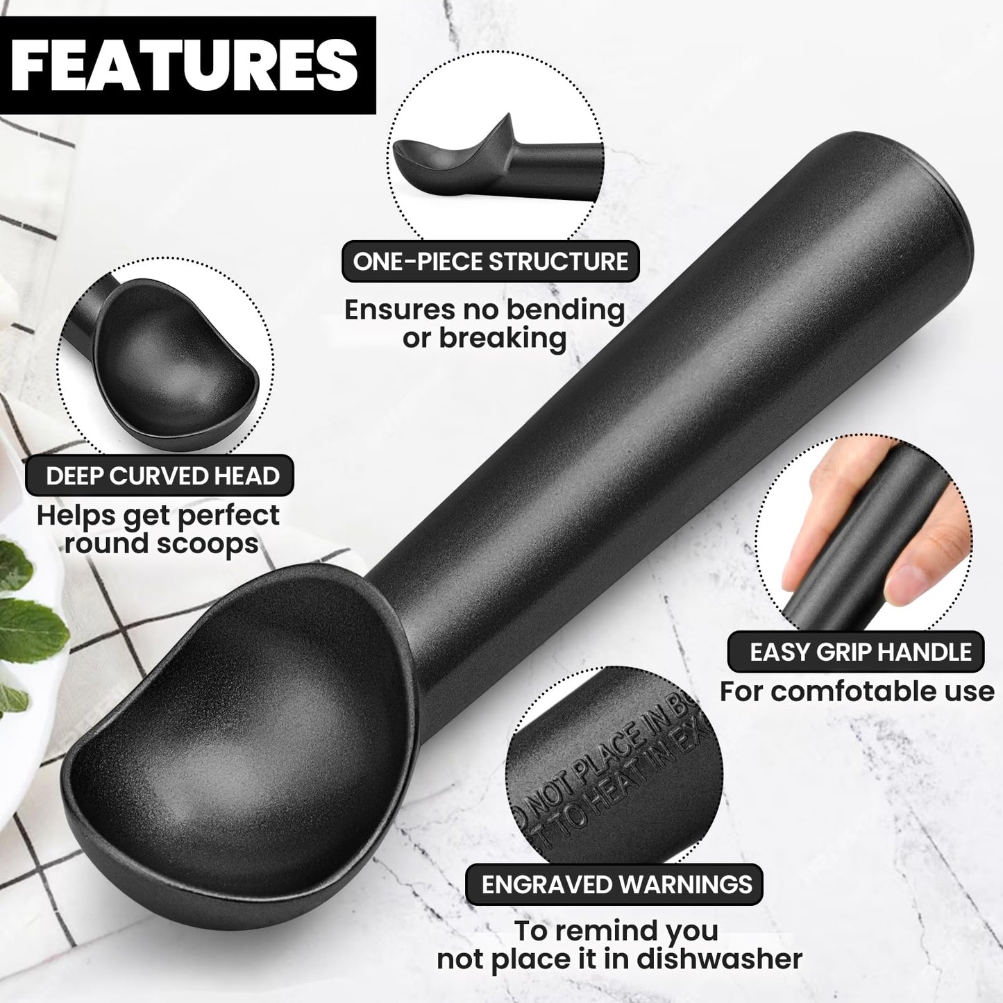 CUNSENR 7 inch Ice Cream Scoop - One-Piece Nonstick Aluminum Ice Cream Scooper - Professional Metal Ice Cream Spoon - Durable, Easy to Use & Clean - Lightweight Cookie Spoon - Scoop Ice Cream (Black)