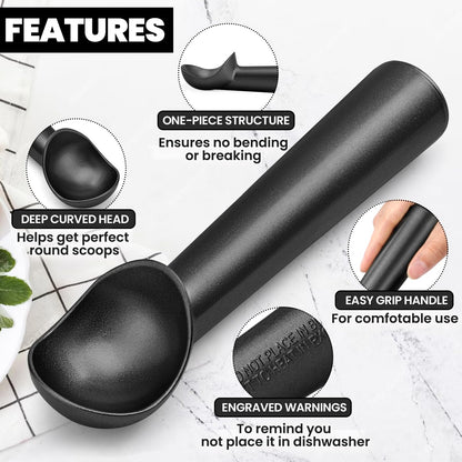 CUNSENR 7 inch Ice Cream Scoop - One-Piece Nonstick Aluminum Ice Cream Scooper - Professional Metal Ice Cream Spoon - Durable, Easy to Use & Clean - Lightweight Cookie Spoon - Scoop Ice Cream (Black)