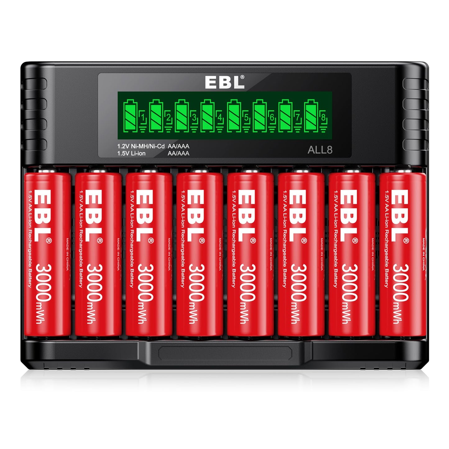 EBL 8 Pack Rechargeable Lithium AA Batteries, 1.5V 3000mWh Double a Batteries Long Lasting AA Li-ion Battery (8AA with Charger)