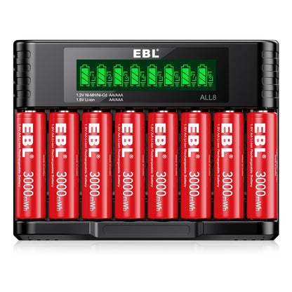 EBL 8 Pack Rechargeable Lithium AA Batteries, 1.5V 3000mWh Double a Batteries Long Lasting AA Li-ion Battery (8AA with Charger)