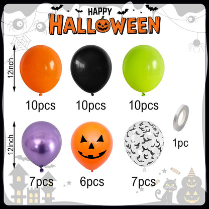 Halloween Party Balloons, Black Orange Green Purple Party Balloons, Metallic Purple Balloon Bat Pumpkin Head Printed Balloon for Halloween Birthday Baby Shower Home Garden Party Decoration