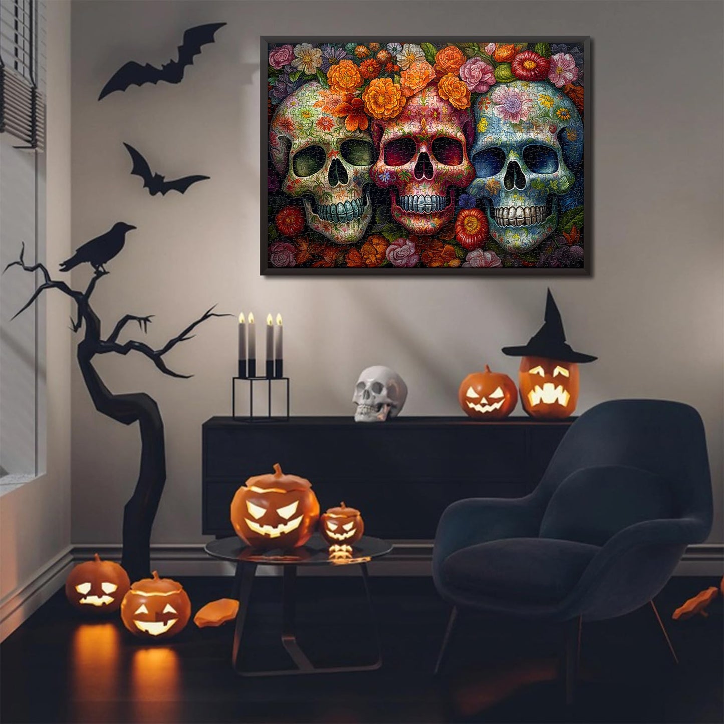 Day of The Dead Sugar Skull Puzzles for Adults 1000 Pieces, Halloween Puzzles 1000 Pieces, PICKFORU Flower Skeleton Puzzle as Skeleton Halloween Decor, Dia De Los Muertos Jigsaw Puzzle Grateful Dead