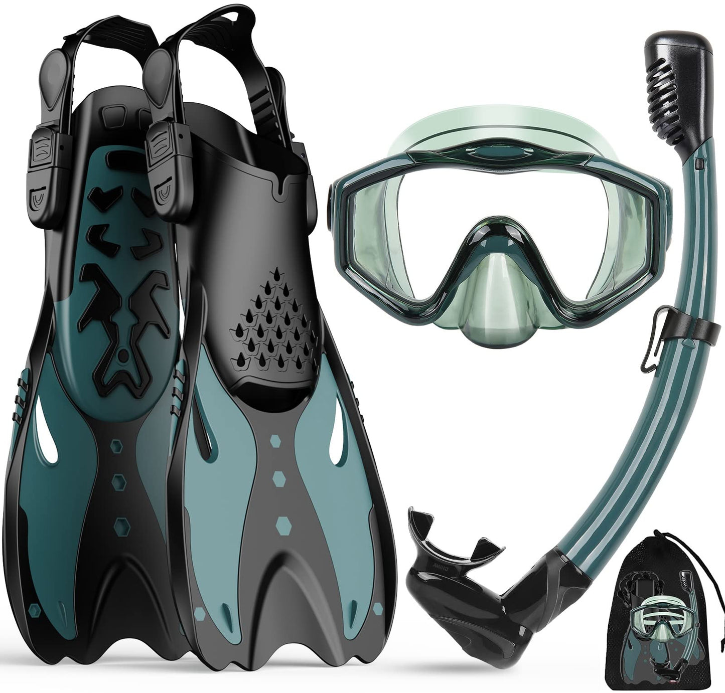 KUYOU Mask Fins Snorkeling Gear for Adults - Wide View Anti-Fog Mask, Full Dry Top Snorkel Gear Set (Dark Celadon, L/XL)