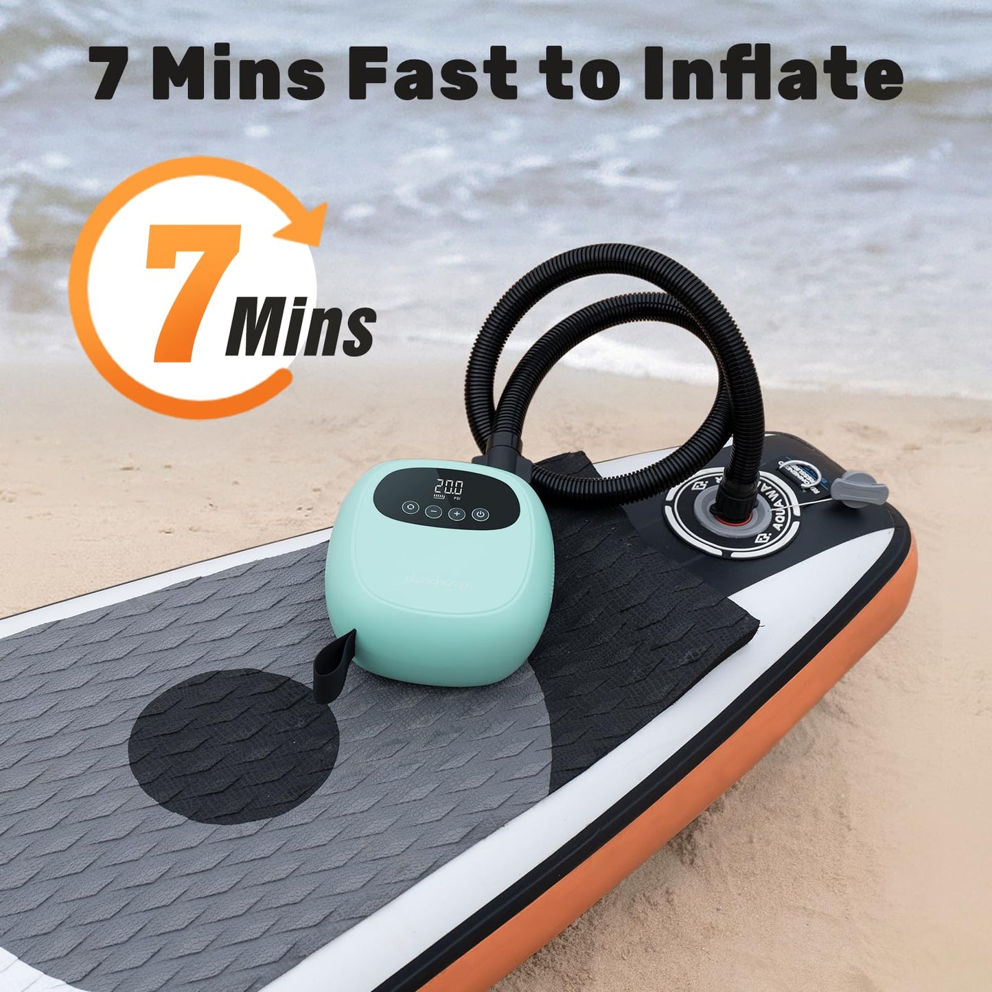 dwndpump Electric Paddle Board Pump, Rechargeable 20 PSI SUP Pump, Dual-Stage Inflation and Deflation Sup Air Pump, Portable Electric Pump for Kayaks, Wind Wings, SUPs (with 7 Valve Adapters)